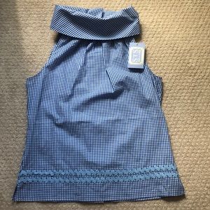 STS Cowl Neck Sleeveless Top Blue Gingham